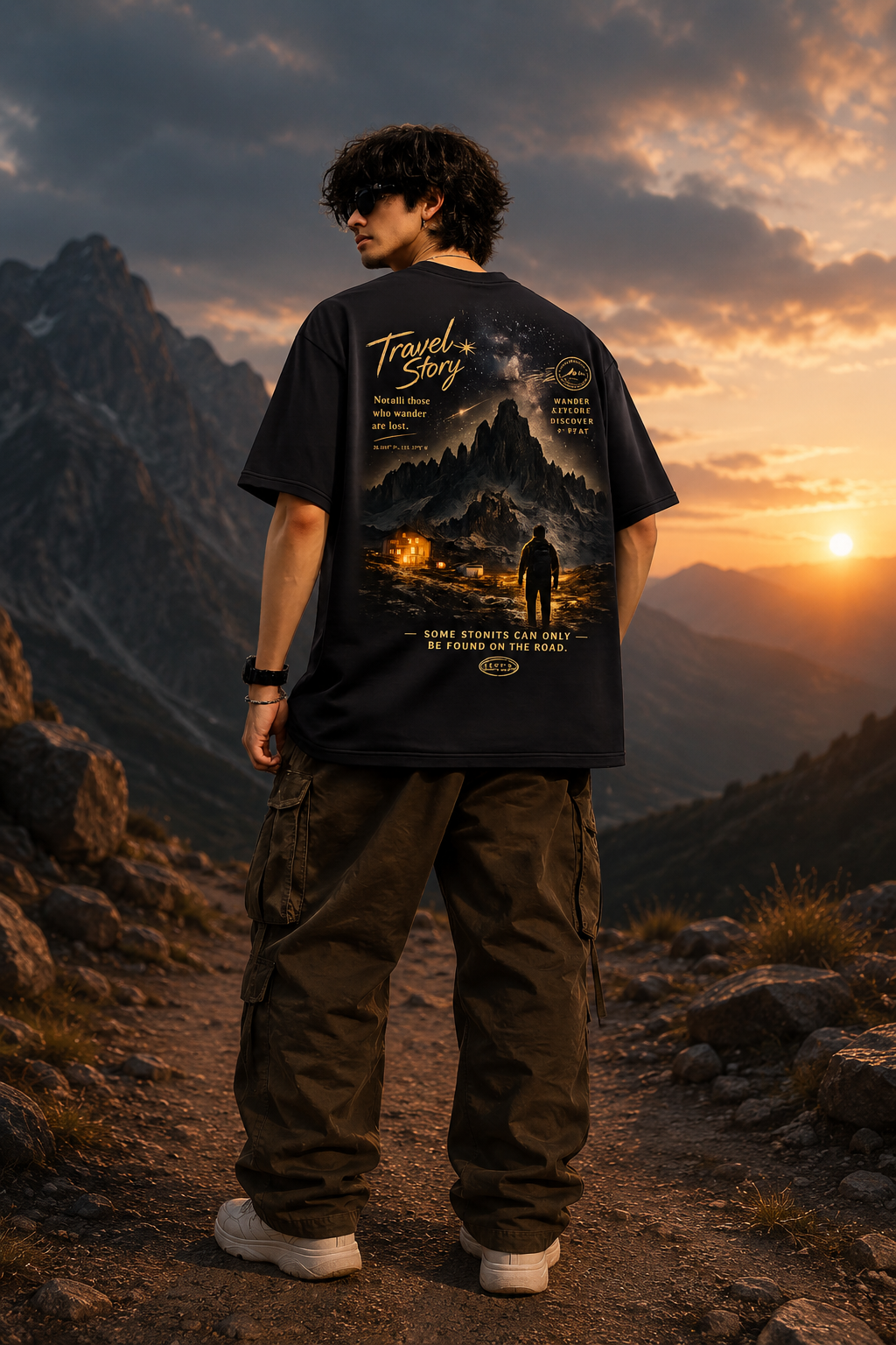 Travel Story Oversized Graphic T-Shirt – Midnight Black