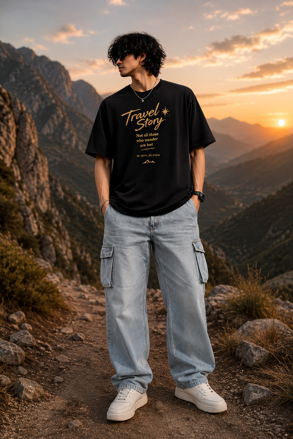 Travel Story Oversized Graphic T-Shirt – Midnight Black